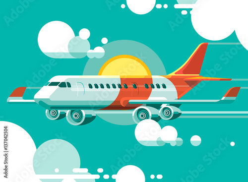 The plane flying between the clouds on a background of the sun. 3d vector illustration.
