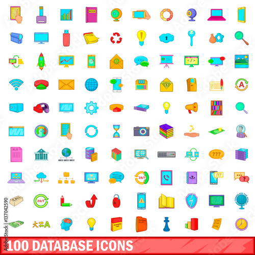 100 database icons set, cartoon style