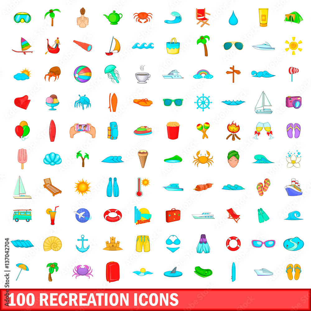 100 recreation icons set, cartoon style
