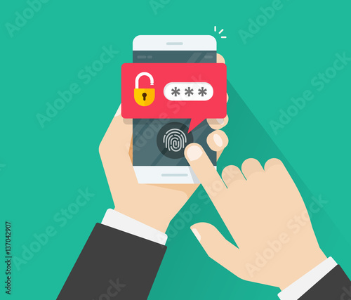 Hands with mobile phone unlocked with fingerprint button and password notification vector, concept of security, personal access via finger, user authorization, login, protection technology