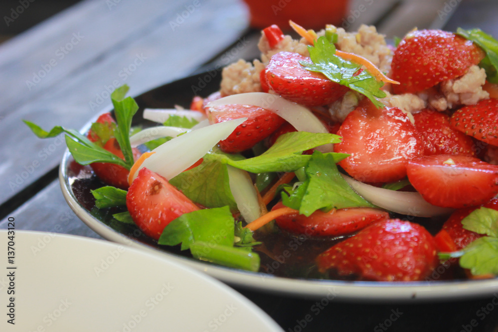 strawberry in Spicy Salad. the food art of thailand. strawberry in Spicy Salad. the food art of thailand.