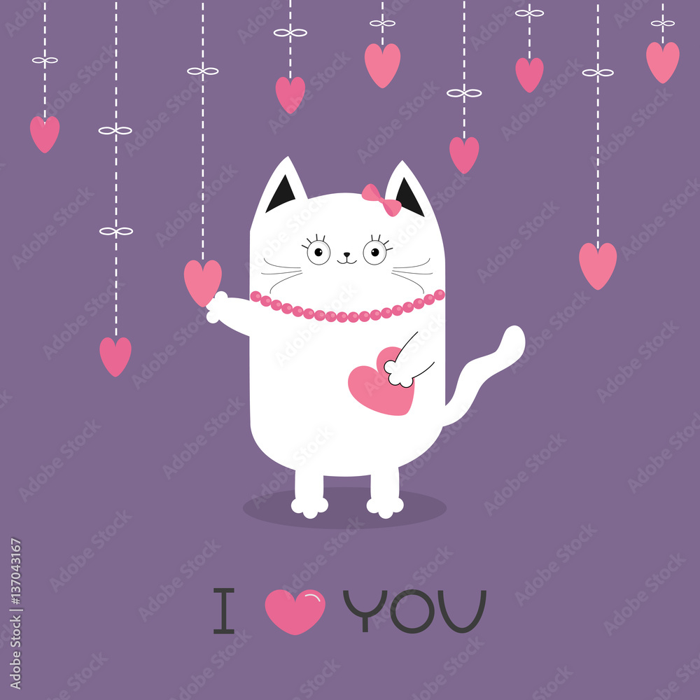 White cat Hanging pink hearts. Dash line. Heart set Cute cartoon character.  Kawaii animal. I love you text. Greeting card. Happy Valentines Day. Flat  design style. Violet background. Isolated. Stock Vector |