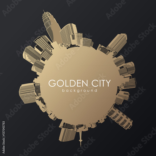 Round golden cityscape with skyscrapers placed around.