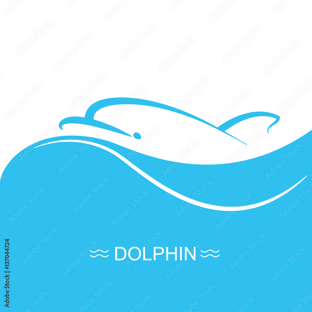 Obraz premium Dolphin logo on blue sea wave background.Vector flat illustratio