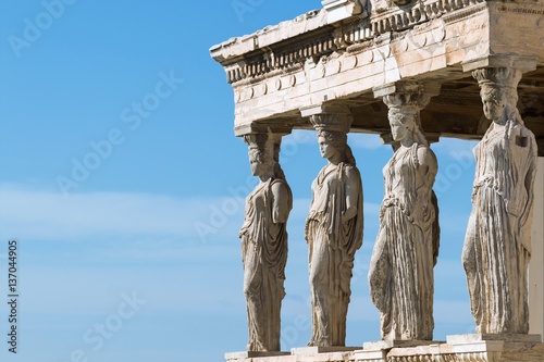 Athens, Greece - February 14, 2017: The Caryatid Porch of the Erechtheion Temple at Acropolis Hill, 421–407 BC