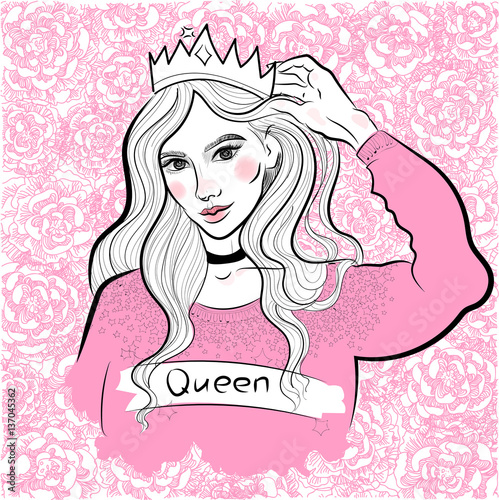modern fashionable girl in sweater and crown, queen, princess, on the background of blooming peonies and roses