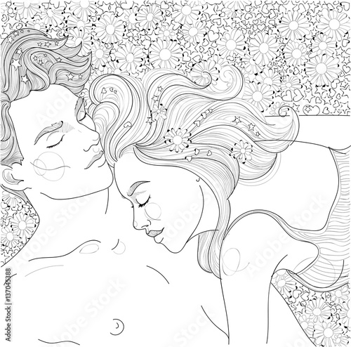 vector loving couple sleeping on a flower meadow