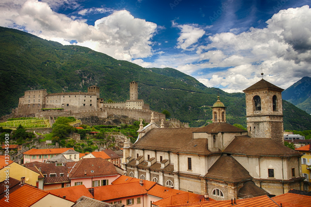 Collegiate Church and Castelgrande castle in Bellinzona, Ticino, Switzerland