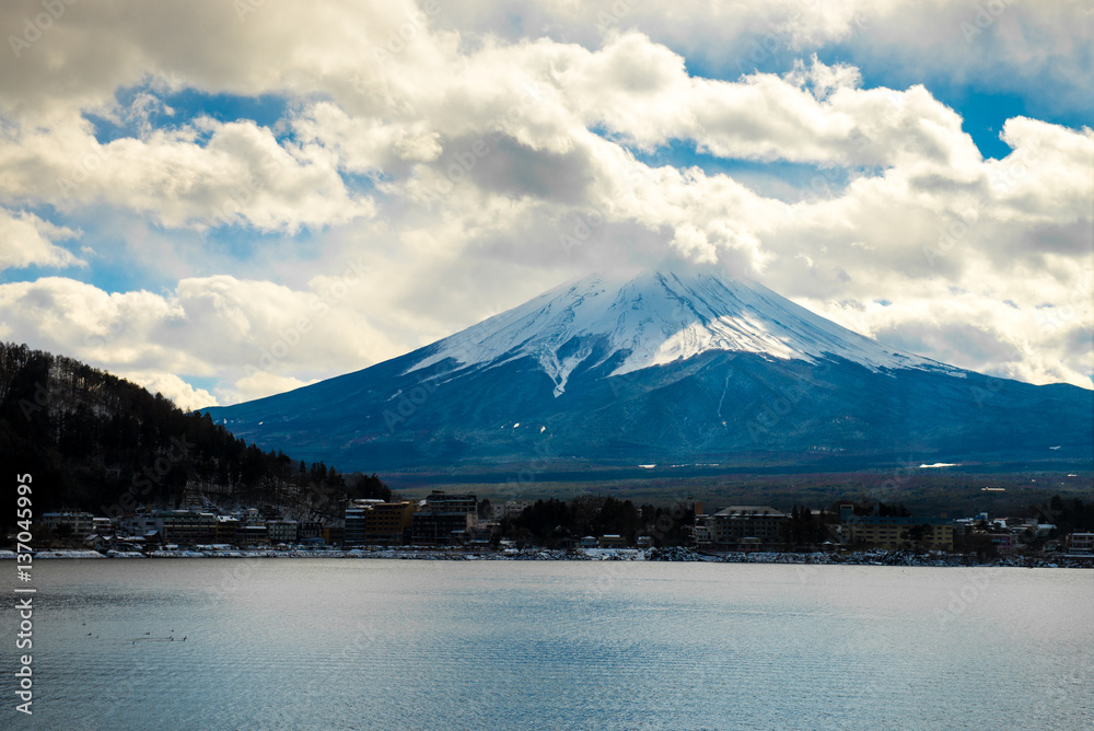 Lake Kawaguchi with Mt. Fuji view in Japan.
