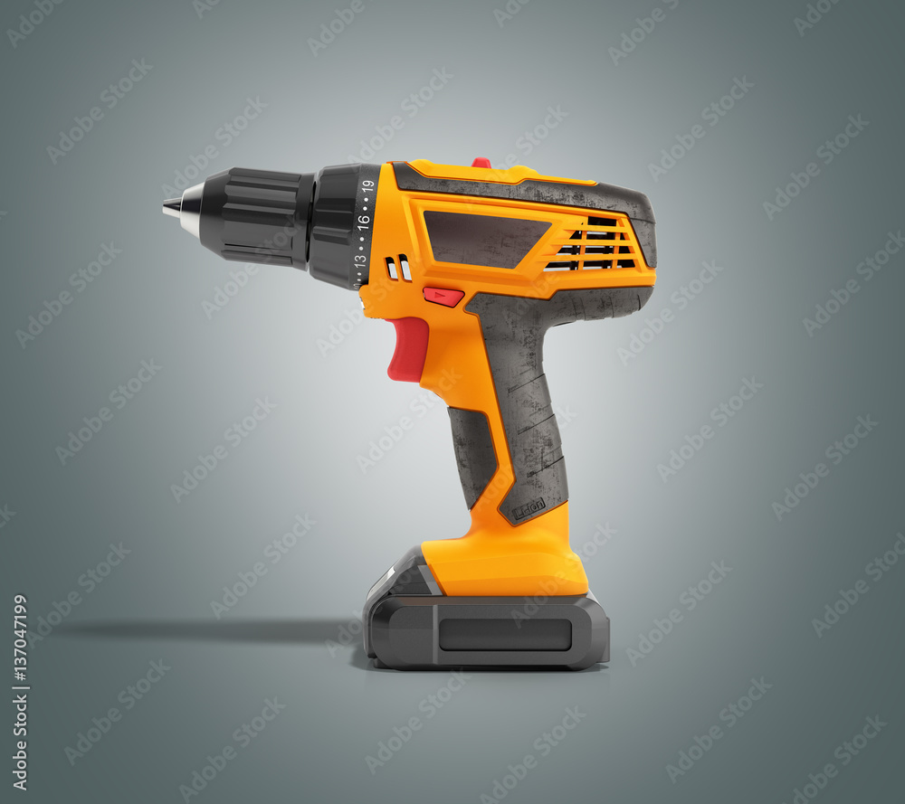 combi drill impact drill and screw driver on grey background 3d combi drill impact drill and screw driver on grey background 3d