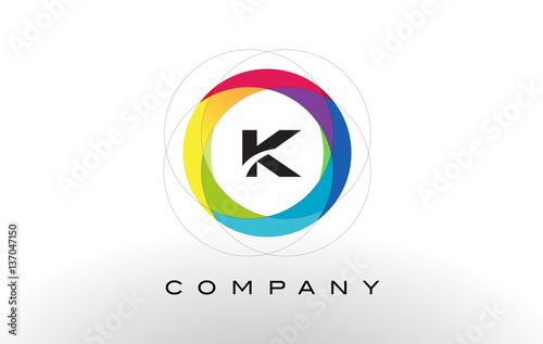 K Letter Logo with Rainbow Circle Design.