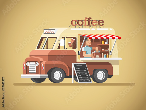 Street coffee van. Fast delivery. 3d design vector illustration 