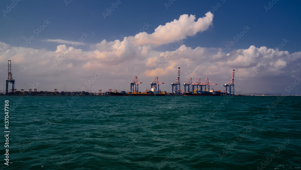 Panorama of Djibouti port with ships and cargo crane