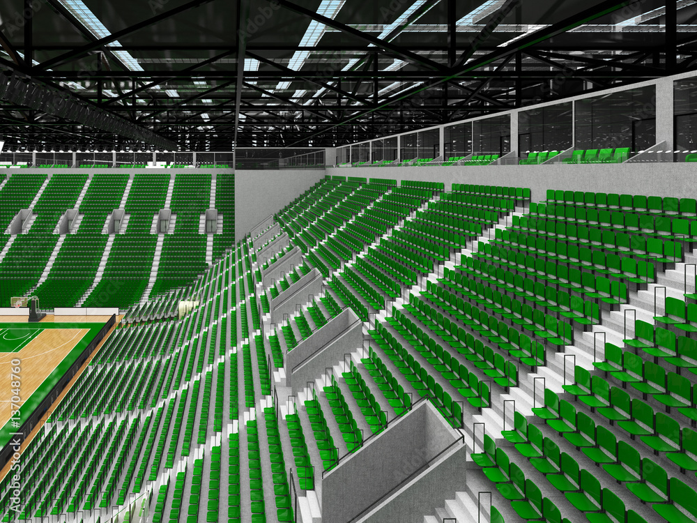 Beautiful sports arena for basketball with green seats and VIP boxes