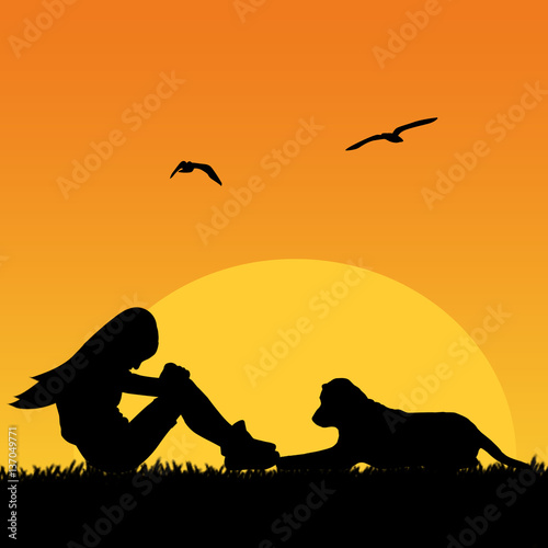 Vector illustration of a depression girl with dog