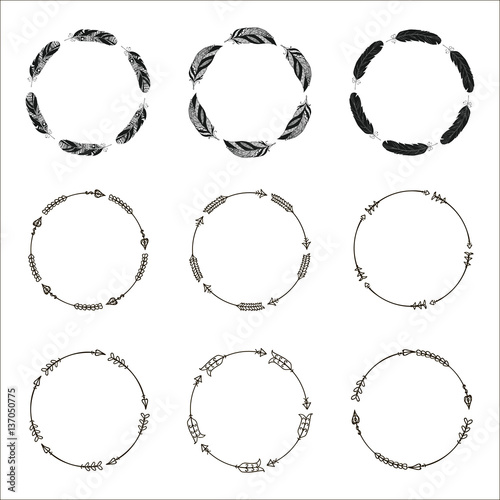 Hand drawn ethnic circles. Ink collection of symbols.