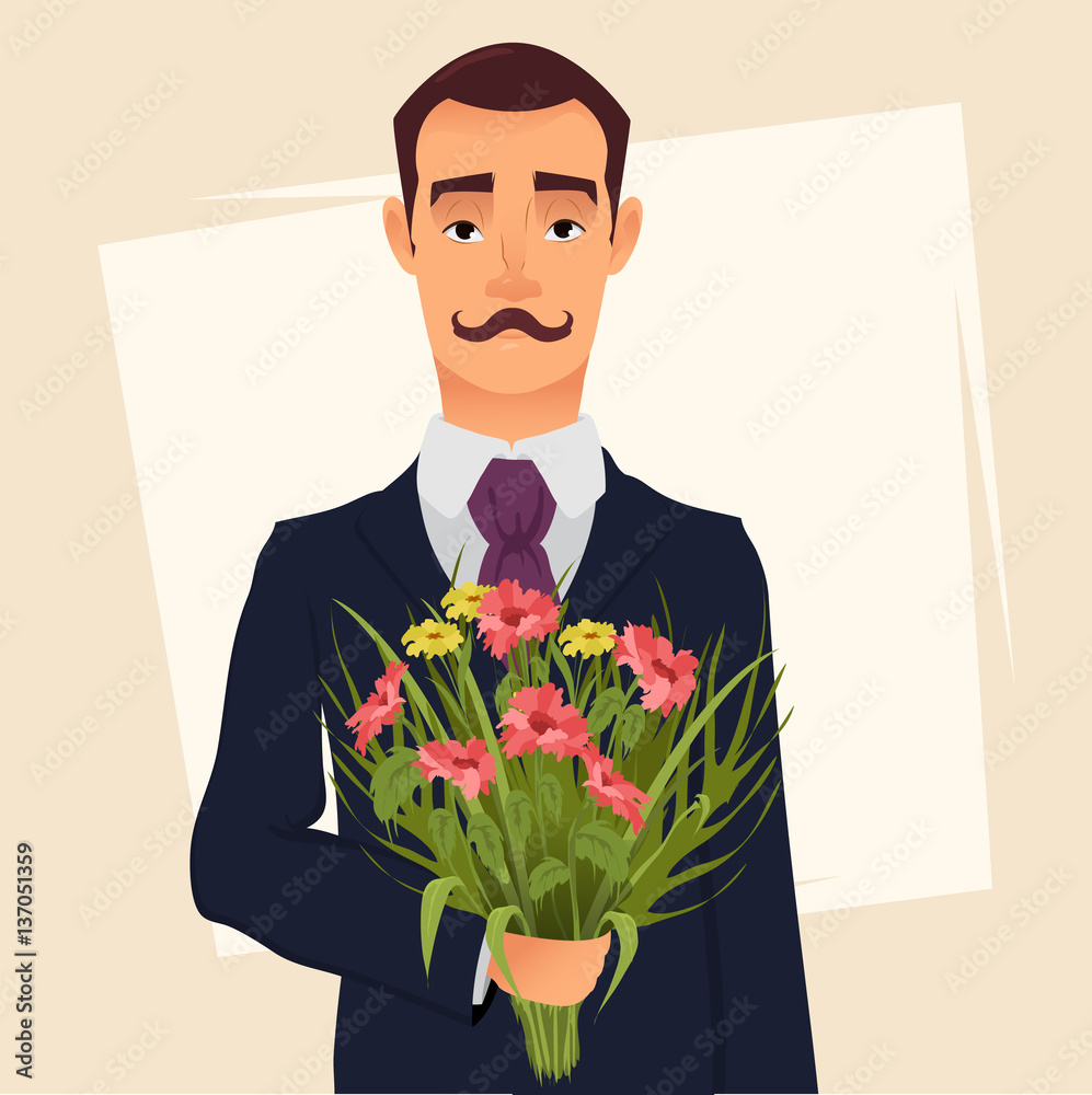 Handsome gentleman in suit with mustache holding bouquet of wildflowers, going on a date with his beloved. Vector illustration for Valentines day, 8 March, poster, print etc. Handsome gentleman in suit with mustache holding bouquet of wildflowers, going on a date with his beloved. Vector illustration for Valentines day, 8 March, poster, print etc.