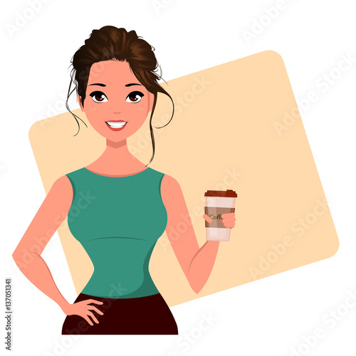 Young cartoon businesswoman with cute hairdo holding coffee. Beautiful girl having a rest while coffee break. Fashionable modern lady. Vector illustration. EPS10
