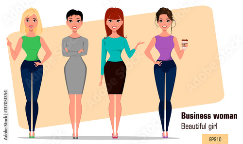 Four young cartoon businesswomen. Set of beautiful girls in working situations. Fashionable modern ladies. Vector illustration. EPS10