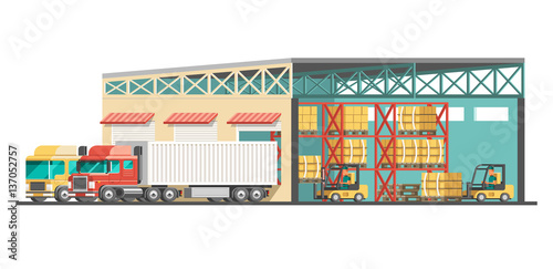 Delivery service concept.Truck, pallets and warehouse. 3d vector illustration.