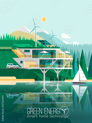 Green energy and eco friendly modern house in the mountains. Hills covered with pine trees. Solar and wind power. 3d style vector illustration.