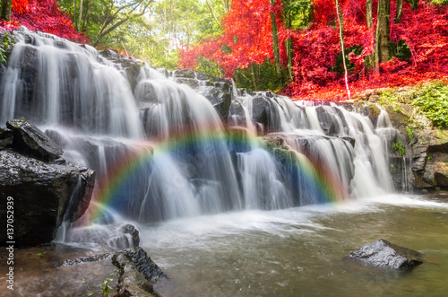 Beautiful waterfall in the forest with rainbow  Sam lan waterfal