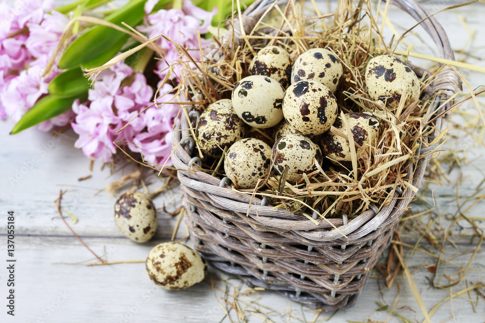 Wicker basket with quail eggs