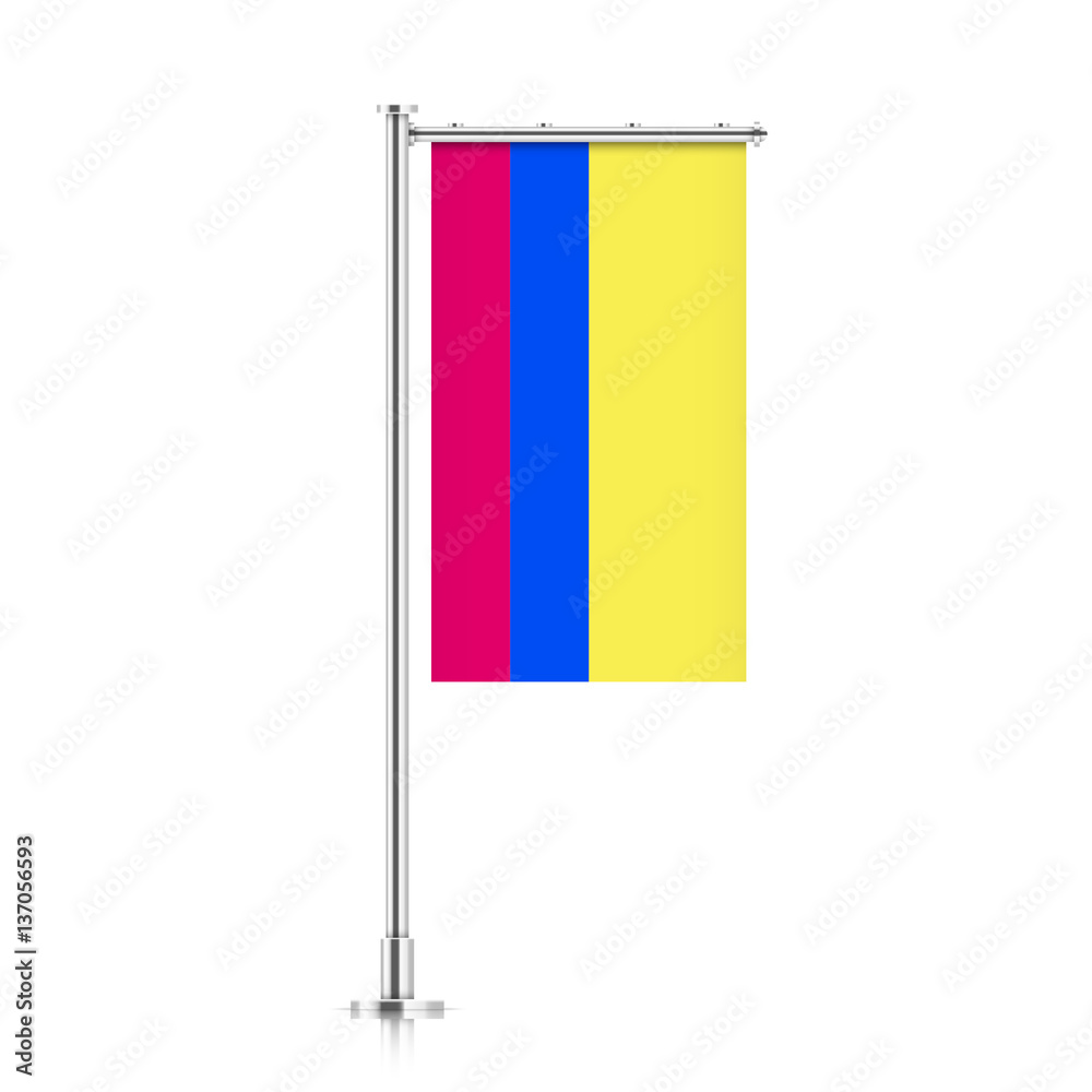 Colombia vector banner flag hanging on a silver metallic pole. Colombia vertical flag template isolated on a white background. Colombia vector banner flag hanging on a silver metallic pole. Colombia vertical flag template isolated on a white background.