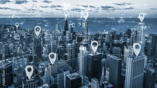  Blue tone city scape and network connection concept 4K animation 