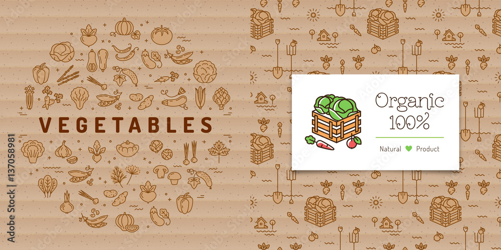 Vegetables circle banner and organic farming business card. Vegetable box  logo and agriculture pattern. Trendy cardboard background, kraft paper,  Vector flat illustration Stock Vector | Adobe Stock