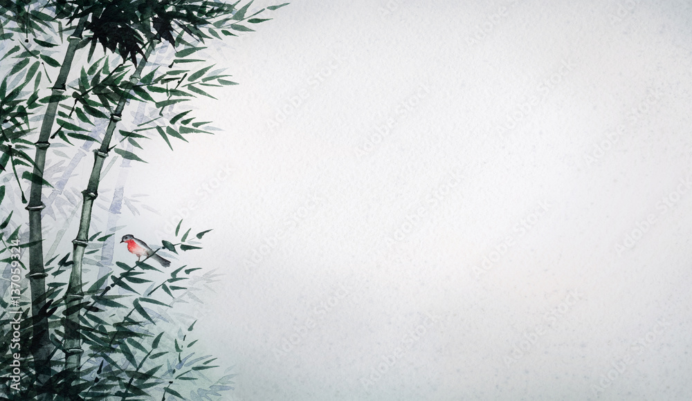 Obraz premium Mały ptaszek w bambusowym gaju. Obraz w stylu japońskim