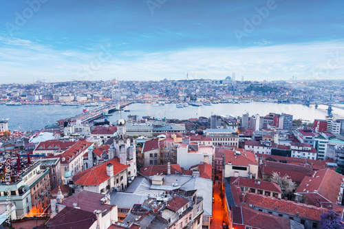 Panoramic views of the Bosphorus and the old part of Istanbul with lots of mosques at evening. Aerial view