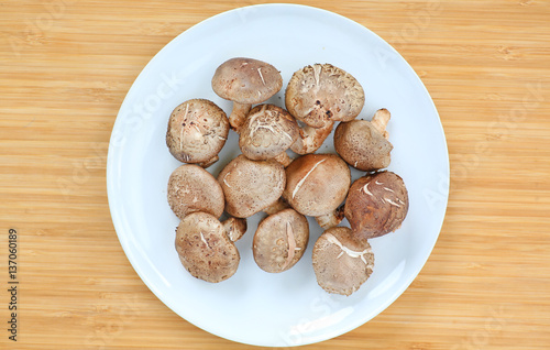 Shiitake mushroom on white plate against wood background