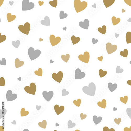 beautiful seamless pattern with gold and silver glittering hearts on white background.