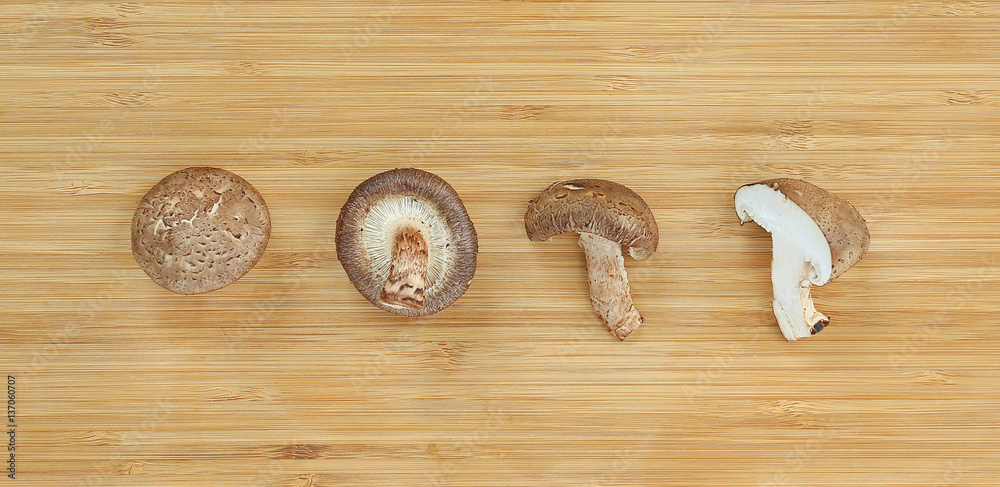 Row of Shiitake mushroom on wooden block Row of Shiitake mushroom on wooden block