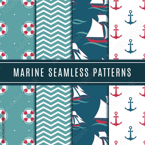 Nautical seamless patterns for kids. Marine vector background set with sailboat, sea anchor and yacht