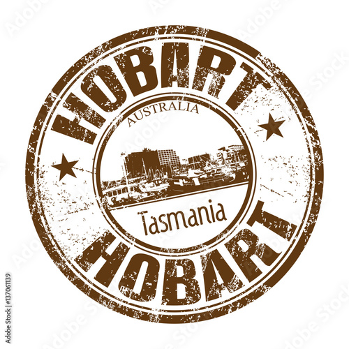 Brown grunge rubber stamp with the name of Hobart, the capital of Tasmania written inside the stamp