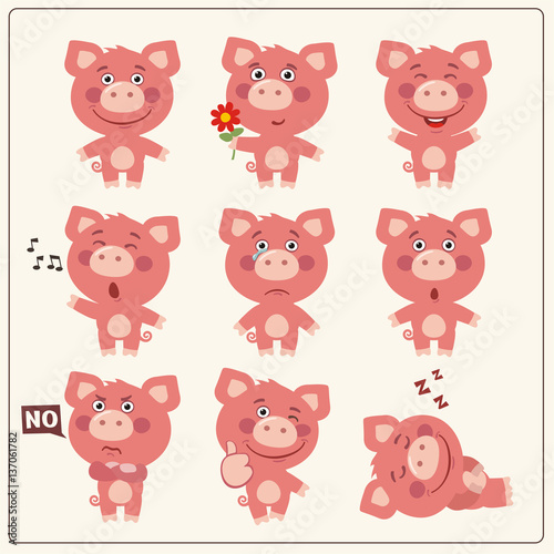 Fototapeta Naklejka Na Ścianę i Meble -  Funny little piggy pig set in different poses. Collection isolated pig in cartoon style.