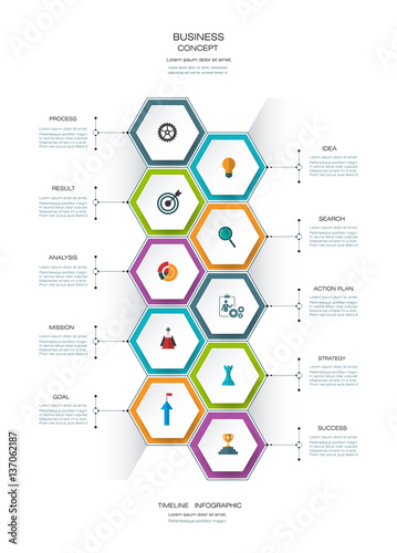 Vector infographics timeline design template with 3D paper label, integrated hexagon for 10 steps process. Blank space for content, business, infographic, infograph, flowchart, diagram, time line