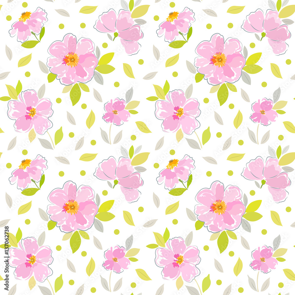 Seamless floral pattern in pink, light green and light gray colors.