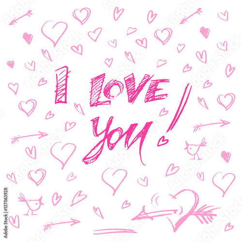 hand drawn hearts and letters i love you vector illustration. bi