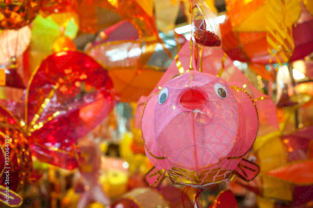 Fish-shaped paper lantern hanging in a Hong Kong toy shop