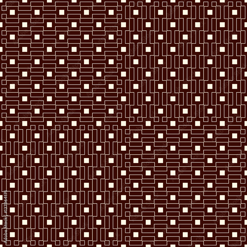 Fototapeta premium Outline seamless pattern with simple geometric ornament. Repeated square and stripes abstract background.