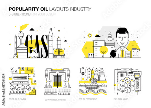 Popularity modern layouts oil industry in new flat line style with gas station electrical, petrol technology and refinery systems development. infographics strategy program. Pictogram for design.