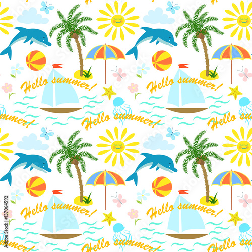Seamless summer pattern with dolphin  palm tree  sun umbrella  sea  sailboat and an inscription.