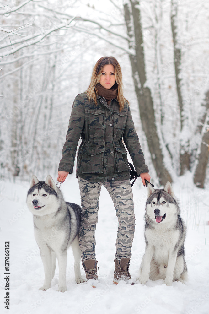 beautiful girl with two dogs huskies beautiful girl with two dogs huskies