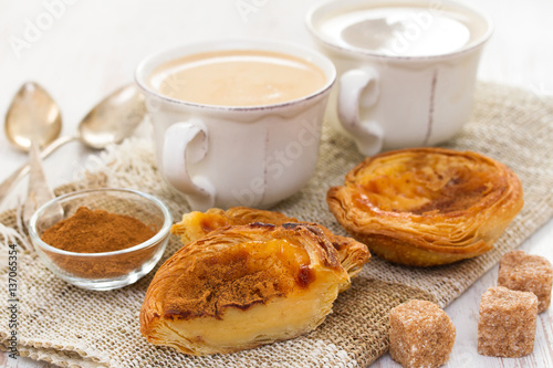 traditional egg tart pastel de nata with cup of coffee