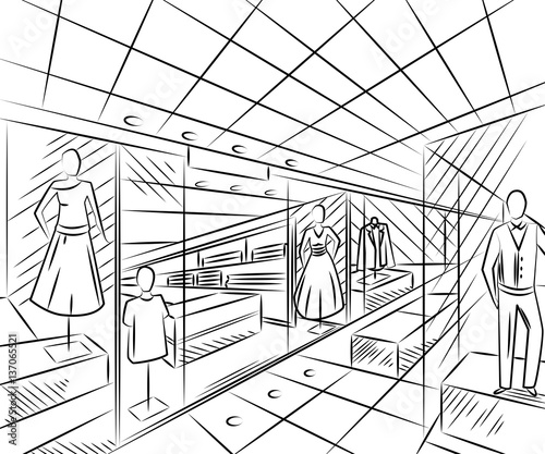 Shopping center with fashion stores. Interior design in sketch style. Vintage hand drawn vector illustration