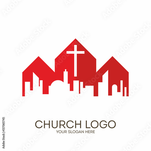 Church logo. Christian symbols. The Cross of Jesus Christ towers over the big city.