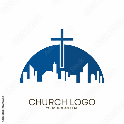 Church logo. Christian symbols. The Cross of Jesus Christ towers over the big city.